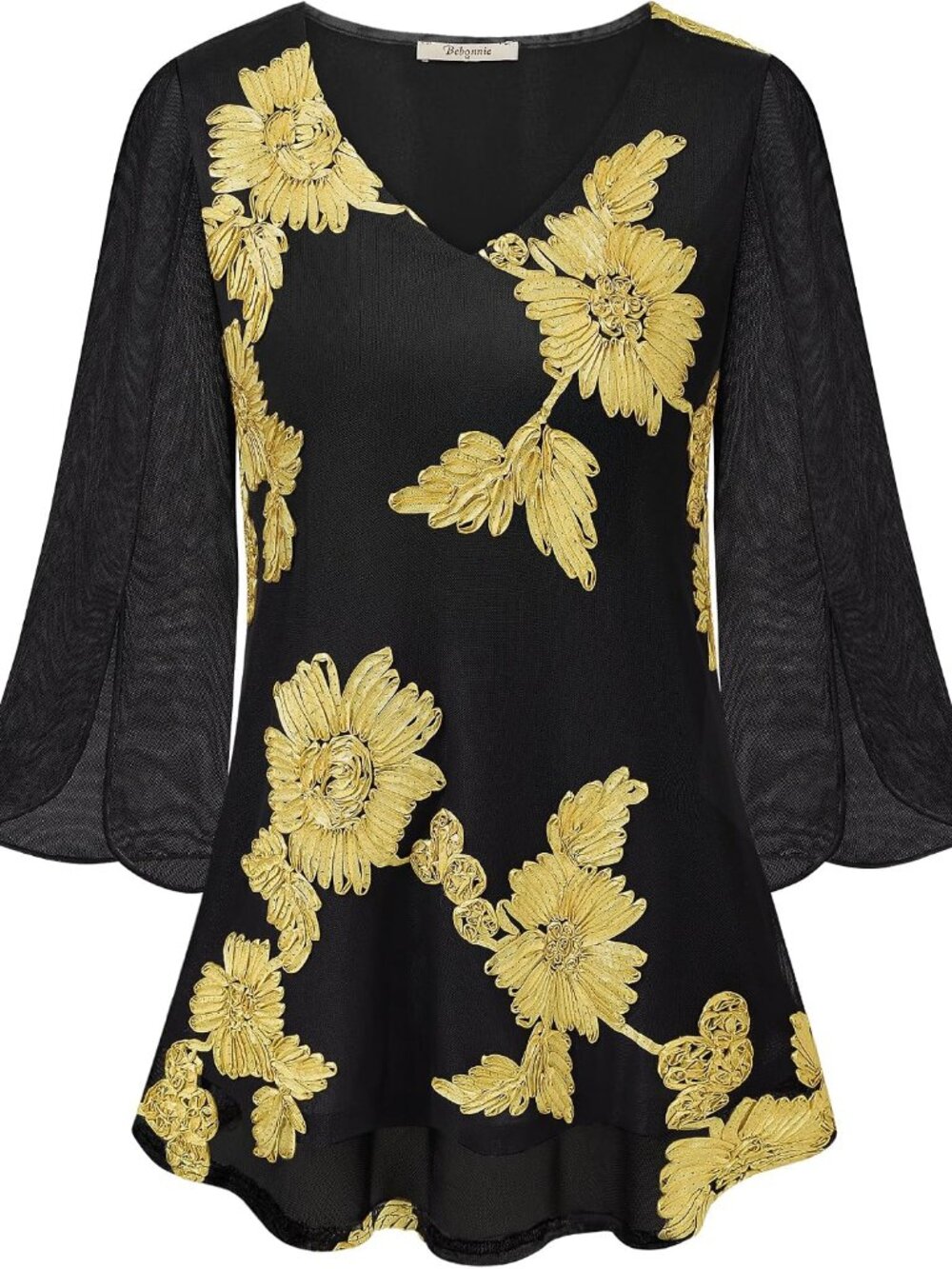Womens Ruffle 3/4 Sleeve V Neck Double Layers Mesh Blouses Loose Fit Flowy Tunic